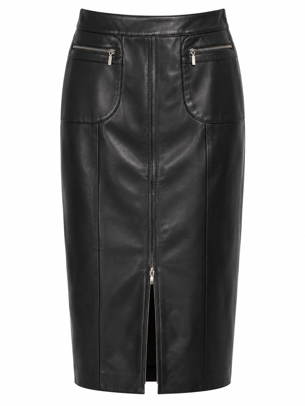 Black Leather Goth Midi Pencil Skirt with Front Zip 🖤🍂🥀